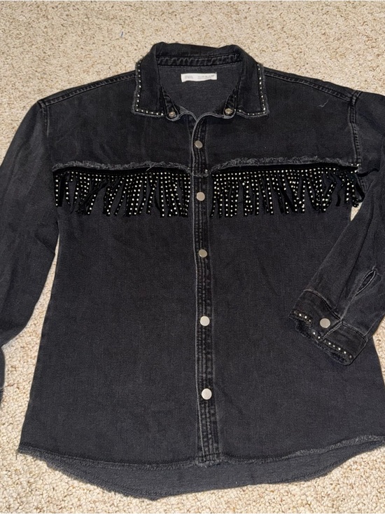 Zara Other - ZARA Girls Black Denim Buttun Jacket/shirt With Beaded Fringe Size 11-12